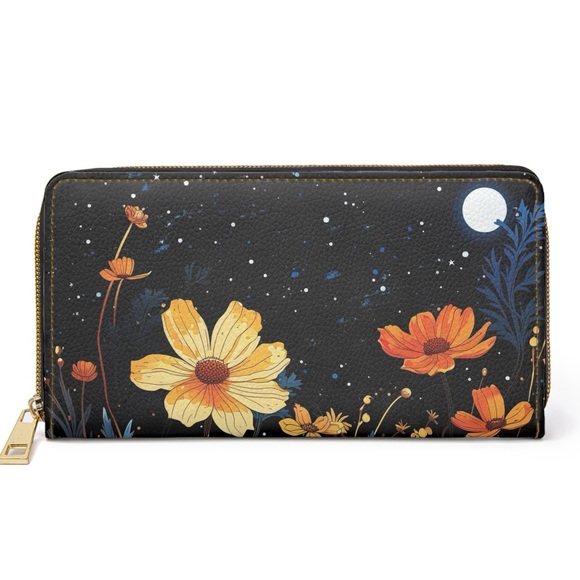 Midnight Flowers Zipper Wallet | Full Moon Nighttime Spring Flowers | Premium - Picture 1 of 6